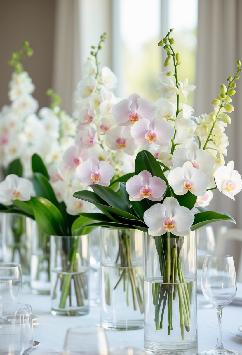 Clear glass vases with white and pink orchids and green leaves arranged on a table.