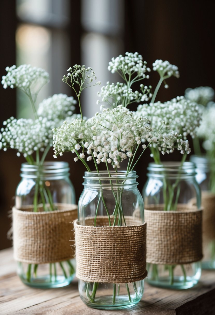 Glass jars wrapped in burlap filled with white baby's breath flowers arranged on a wooden surface.