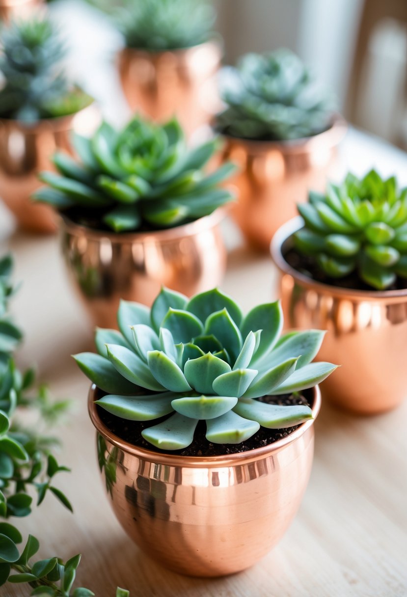 Copper cups filled with green succulents arranged on a wooden table.