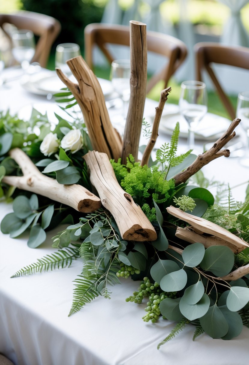 A wedding table centerpiece with driftwood and fresh green leaves on a white tablecloth.