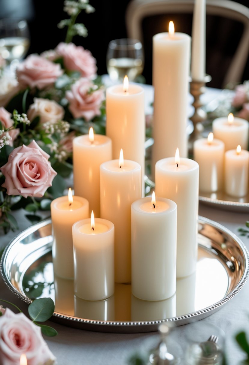 Clusters of white candles on silver trays surrounded by soft pink flowers and greenery on a table.