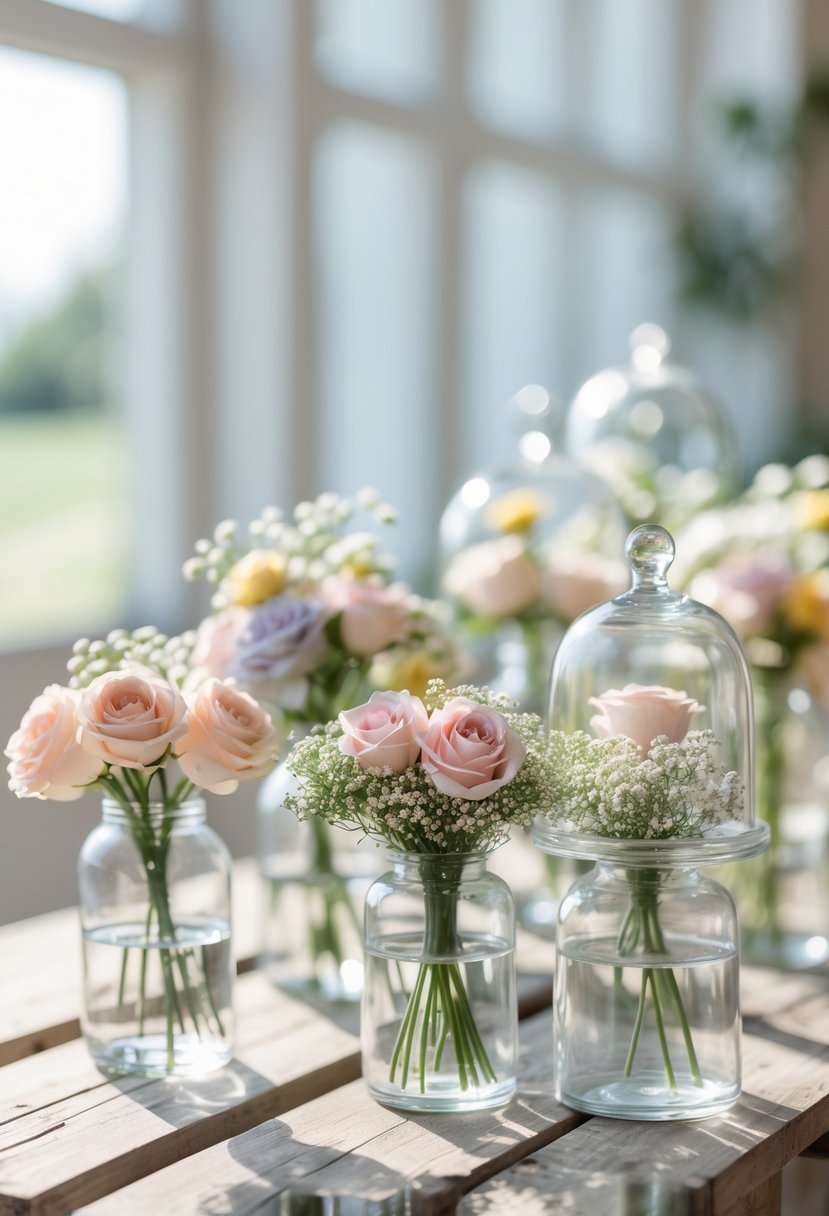 Small bunches of flowers under clear glass cloches arranged on a wooden table.