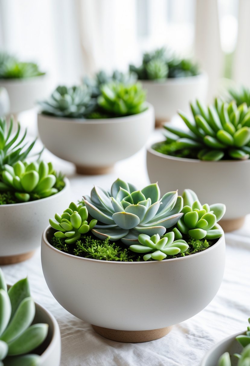 A table with modern ceramic bowls filled with green succulents arranged as wedding centerpieces.