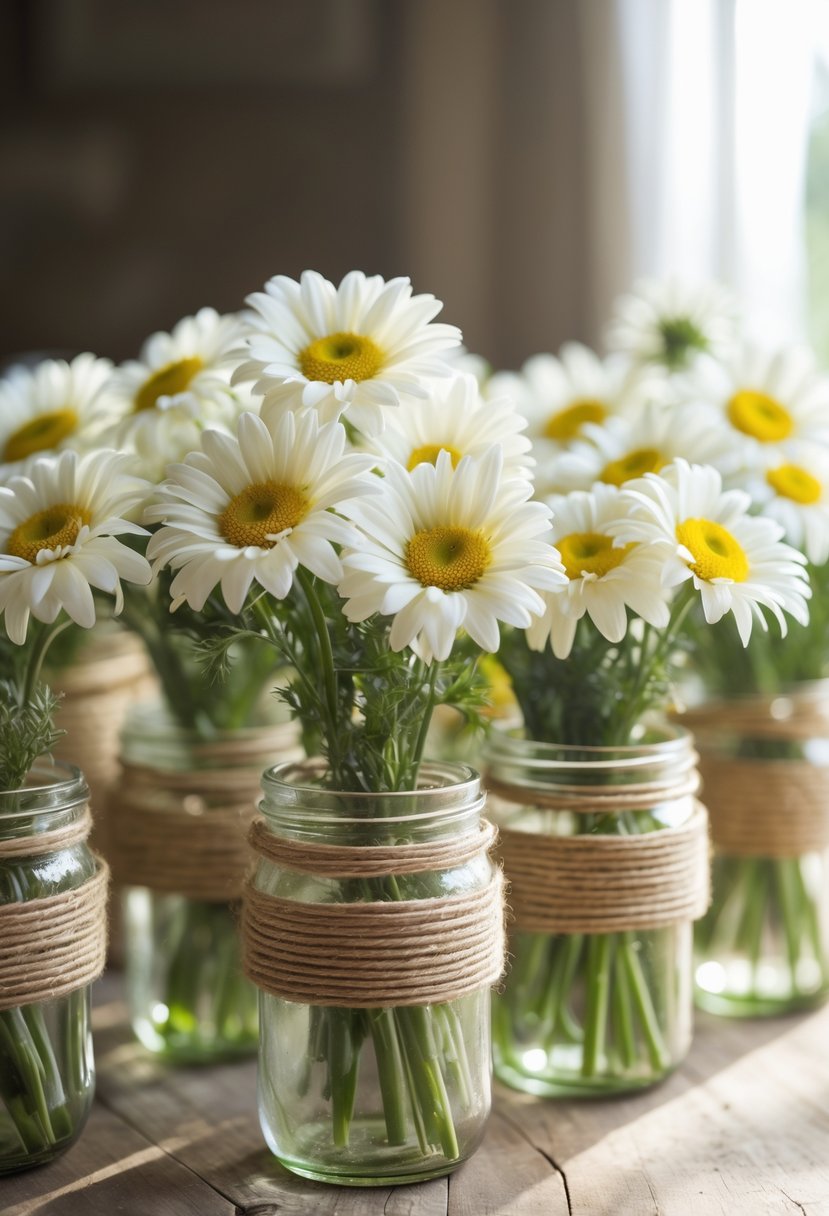 Mason jars wrapped with twine, each holding white daisies, arranged on a wooden surface.