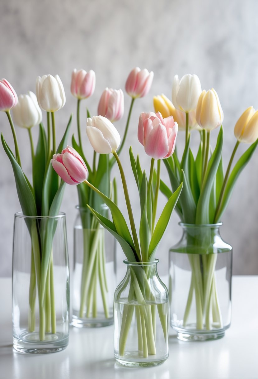 Clear glass vases with colorful tulips arranged on a white surface.