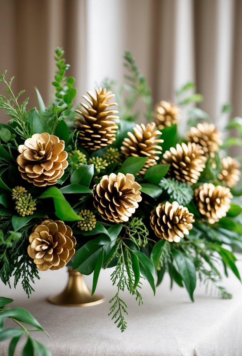 Gold-painted pinecones arranged with green foliage as a wedding centerpiece on a table.