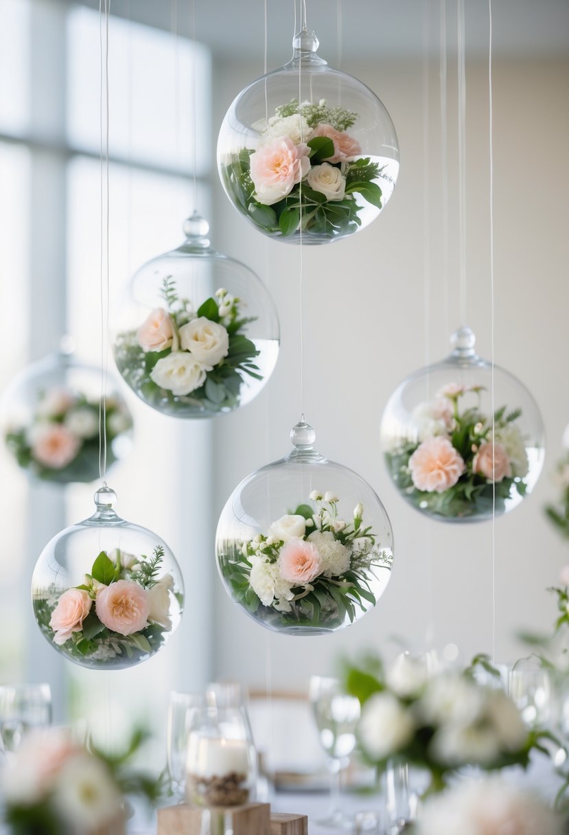 Hanging transparent glass globes filled with fresh pastel flowers suspended at different heights.