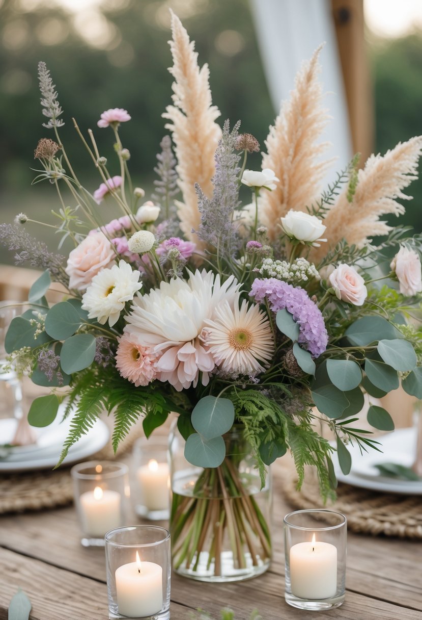 A wedding centerpiece with pastel flowers, greenery, dried grasses, and candles on a wooden table.