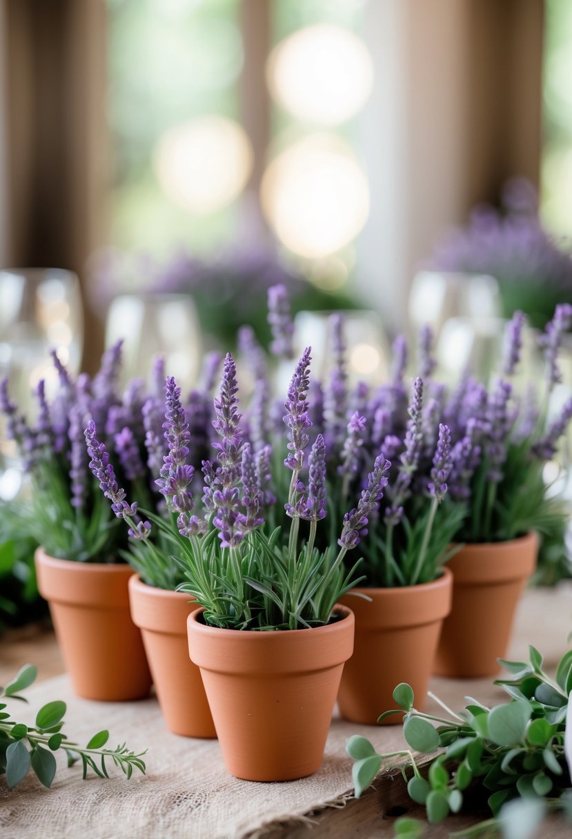 Mini terracotta pots filled with lavender arranged on a wooden table as a wedding centerpiece.