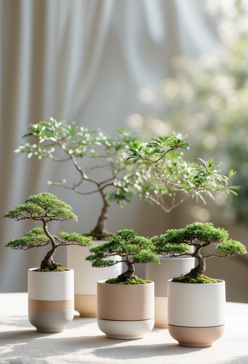 Tiny bonsai trees in minimalist pots arranged on a table as wedding centerpieces.