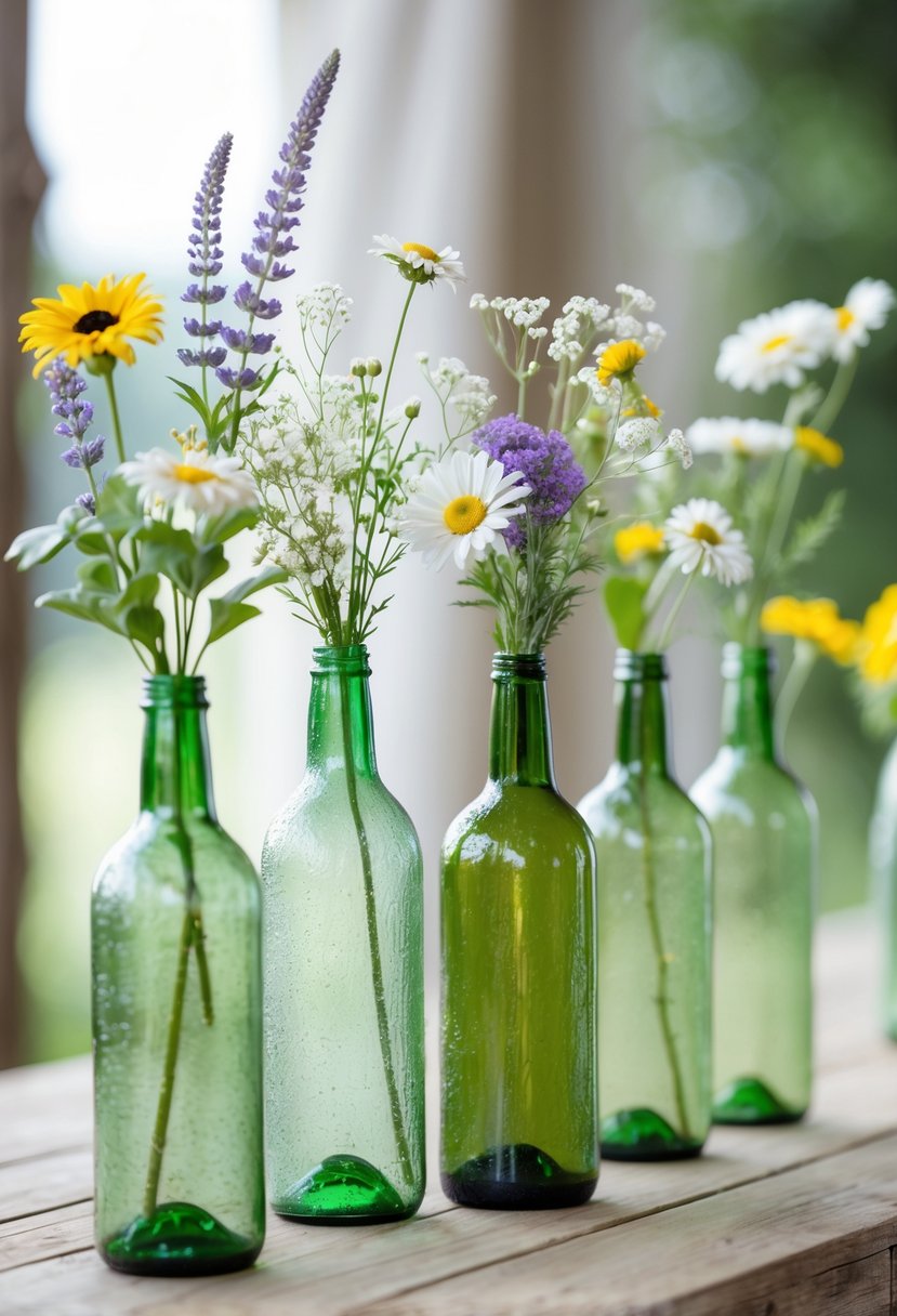Recycled wine bottles filled with wildflowers arranged as wedding centerpieces on a wooden table.