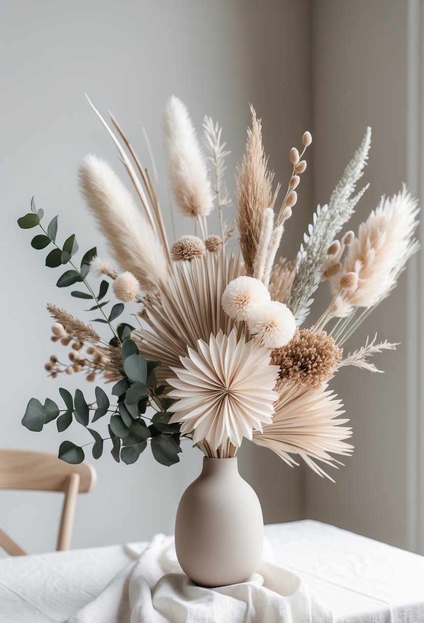 A dried flower centerpiece with neutral tones on a white table.