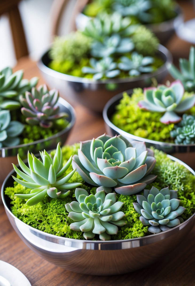 Steel bowls filled with green succulents and moss arranged on a wooden table.