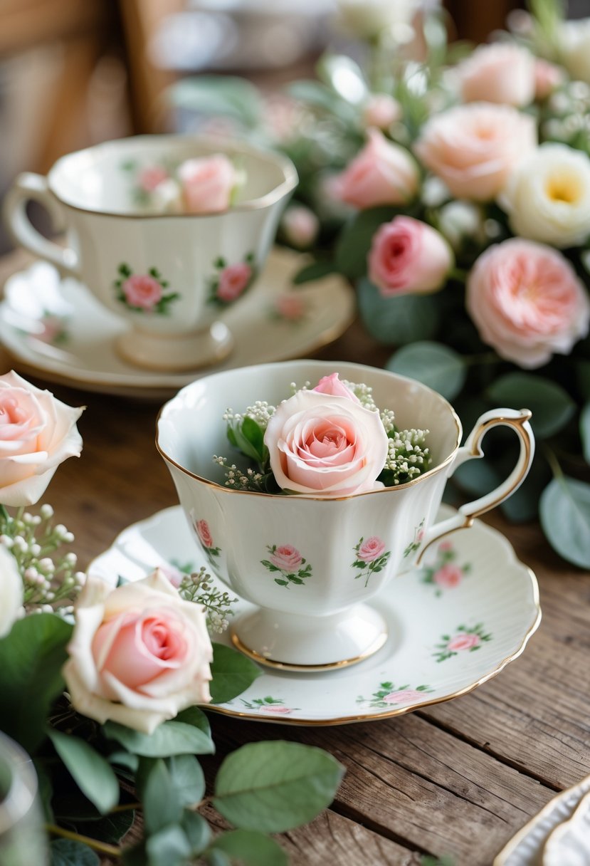 A collection of mismatched teacups filled with small pink and white roses arranged on a wooden table.