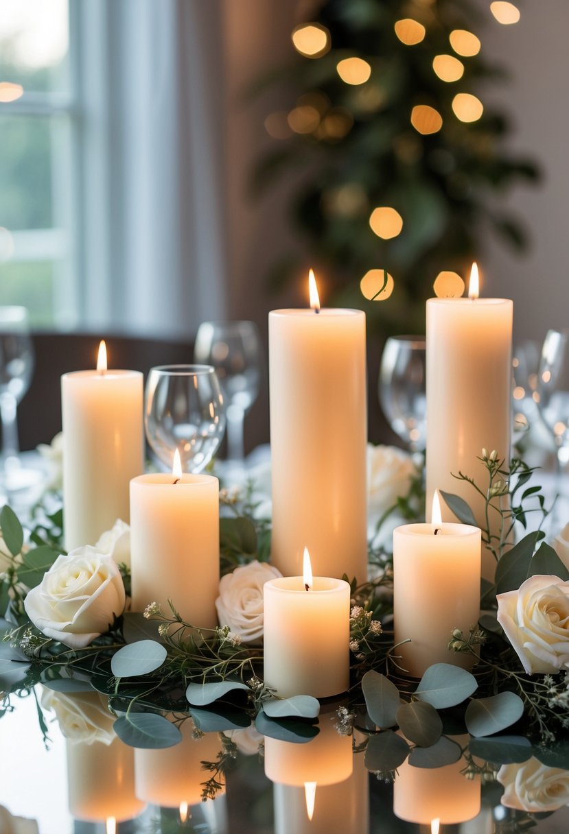 Clusters of candles in different heights arranged with greenery and white flowers on a table.
