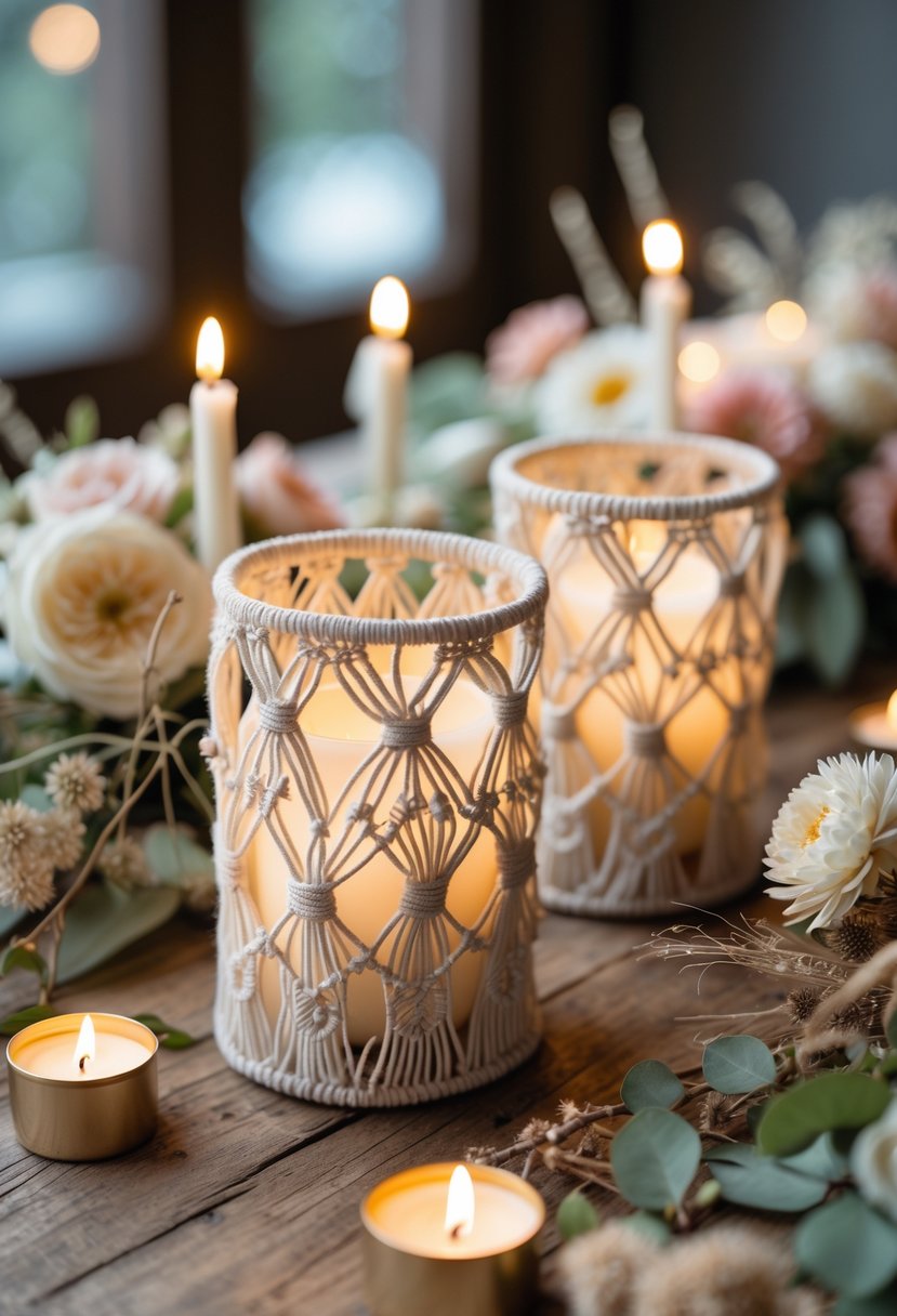 A close-up of candle holders wrapped in macrame surrounded by flowers and greenery on a wooden table.