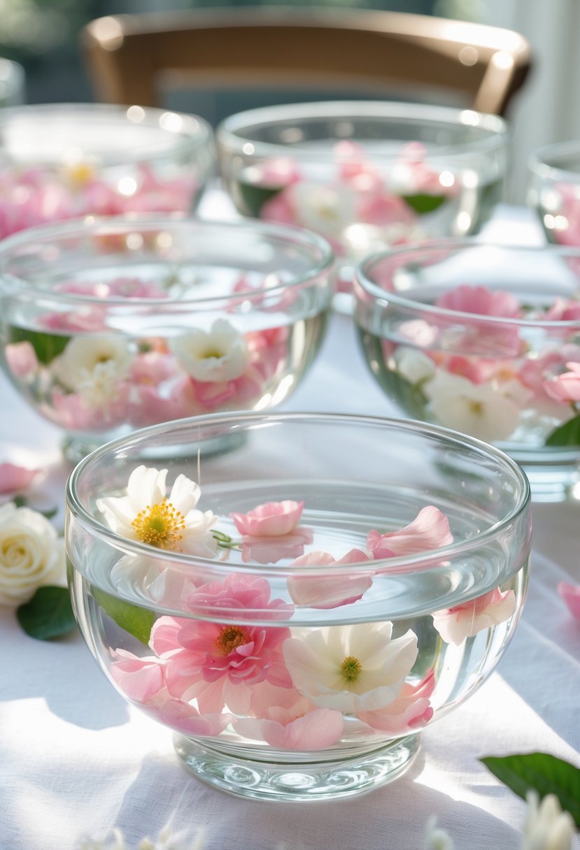 Crystal bowls filled with water and floating flower petals arranged on a white table.
