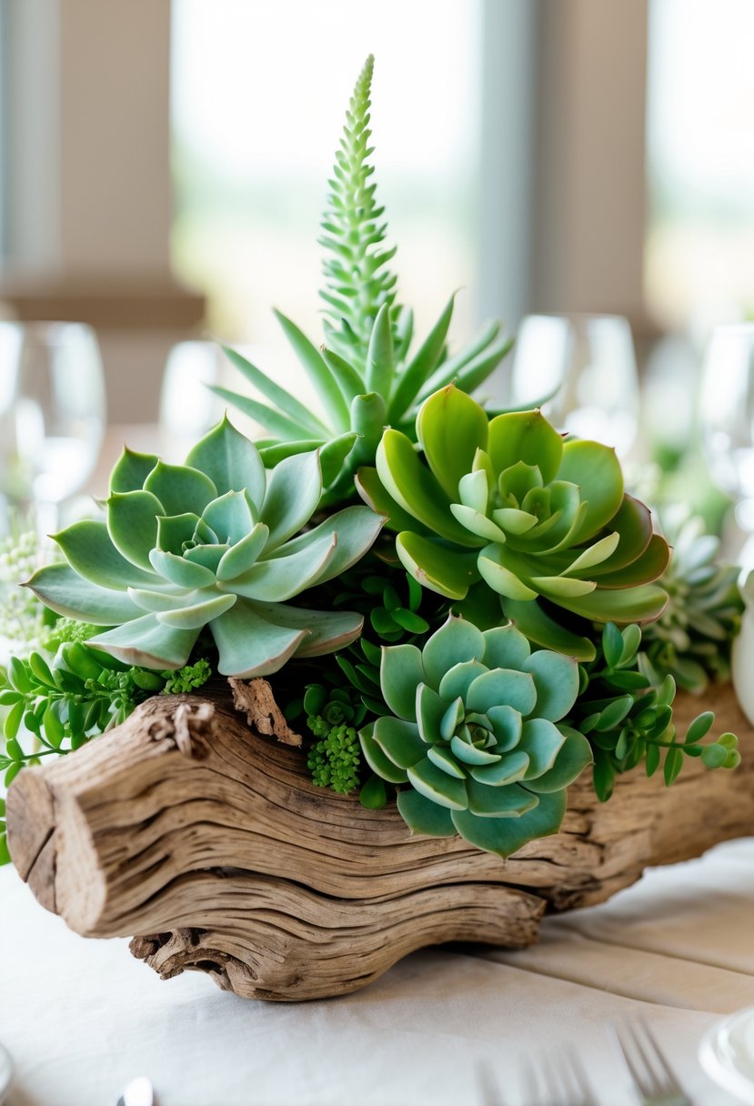 A driftwood centerpiece decorated with green succulents on a wedding table.