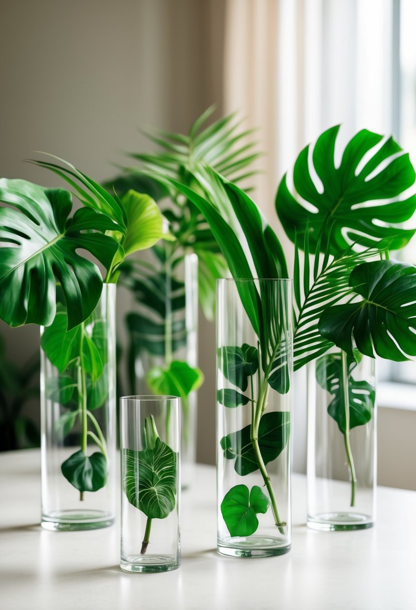 Cylindrical glass vases filled with tropical leaves arranged as a wedding centerpiece on a light surface.