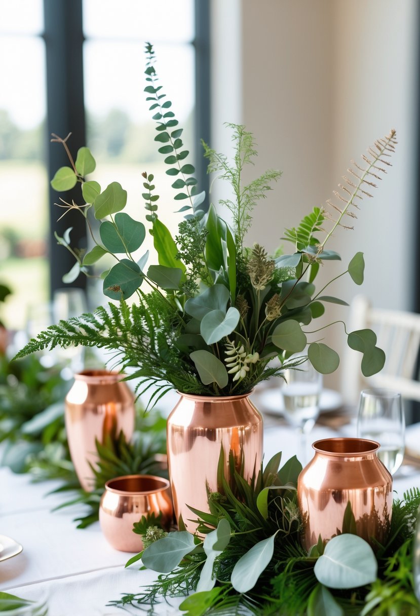 Copper vessels filled with green leaves arranged on a white table as a wedding centerpiece.