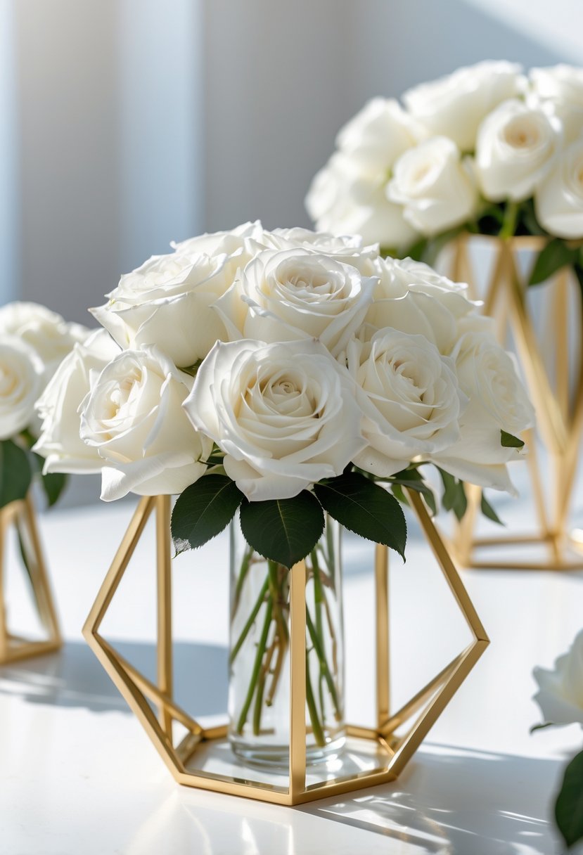 White roses arranged in gold geometric holders on a table as a wedding centerpiece.