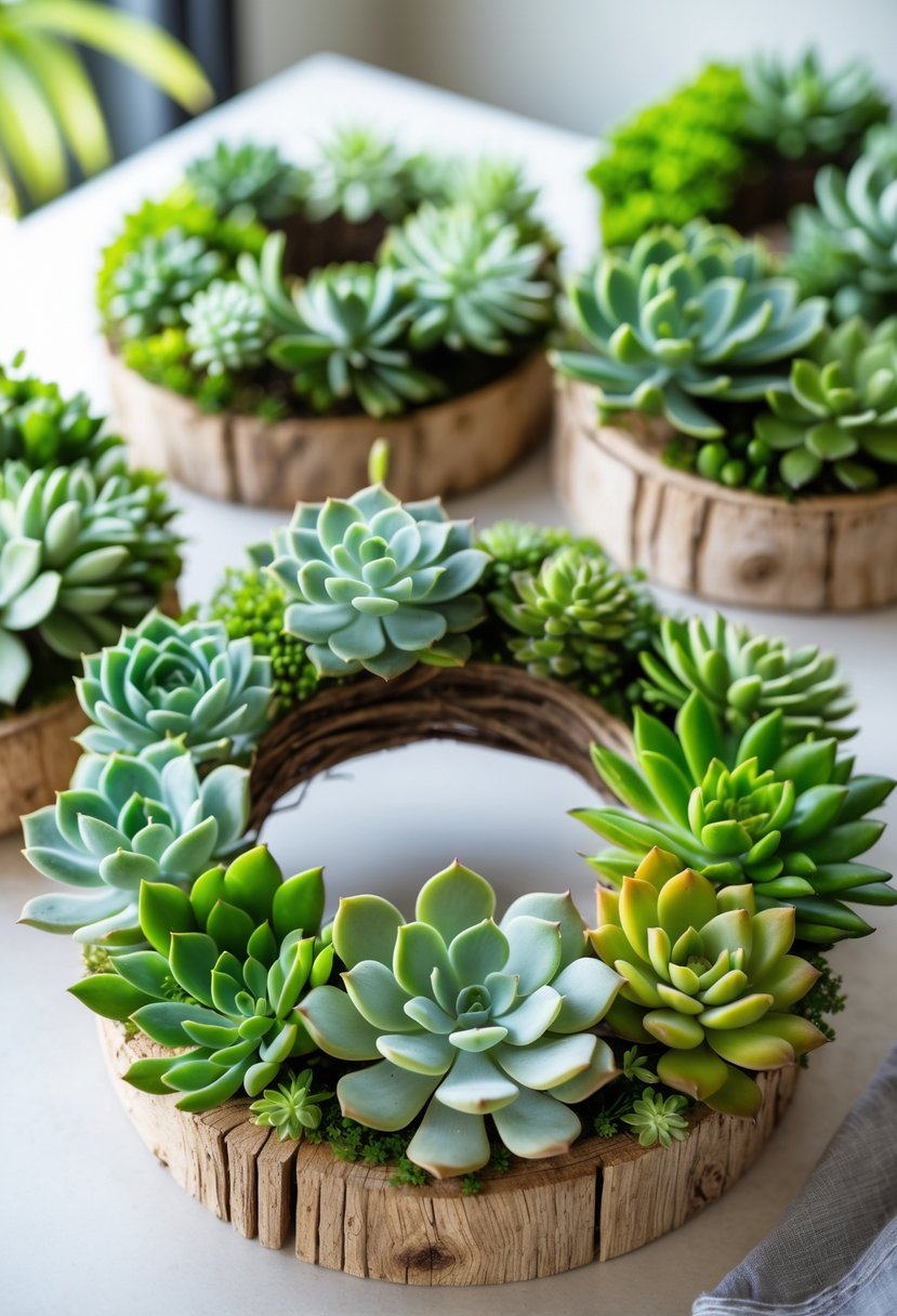 Succulent wreaths arranged on wooden bases as wedding centerpieces on a neutral surface.