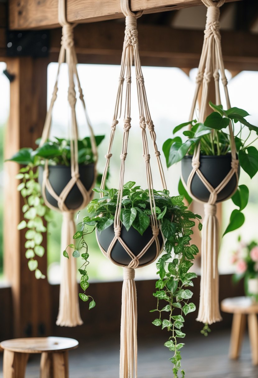 Macrame plant hangers holding green hanging plants arranged as a wedding centerpiece.