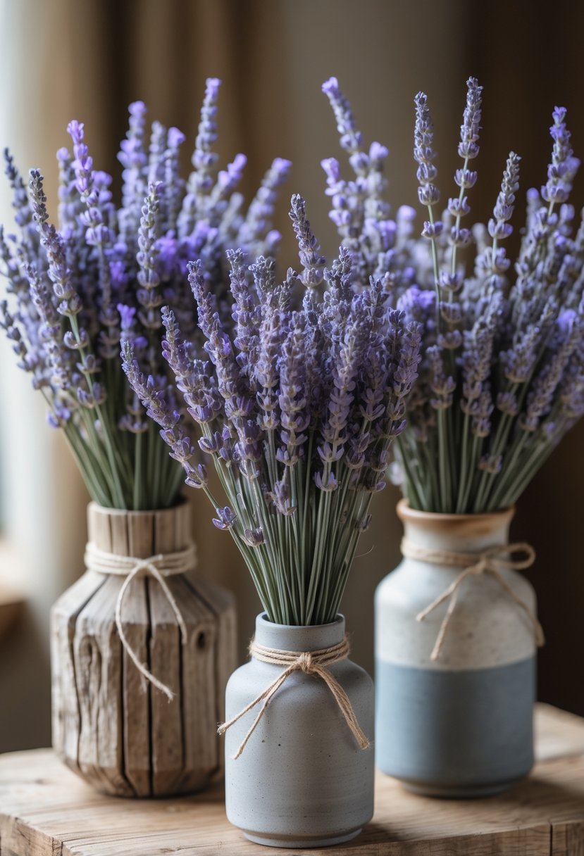 Bundles of dried lavender arranged in rustic vases on a wooden surface.