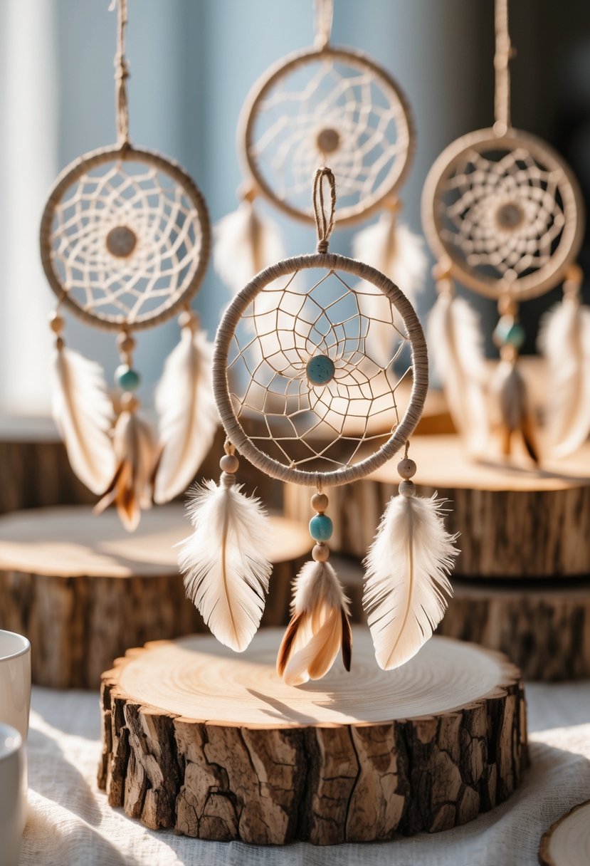 Several small dreamcatchers resting on natural wood slices arranged as a table centerpiece.