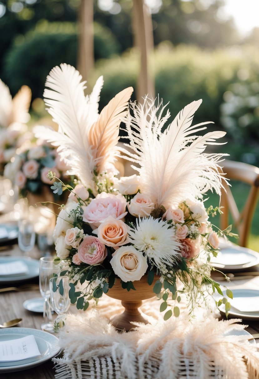 Wedding table with floral centerpieces accented by feathers and greenery outdoors.