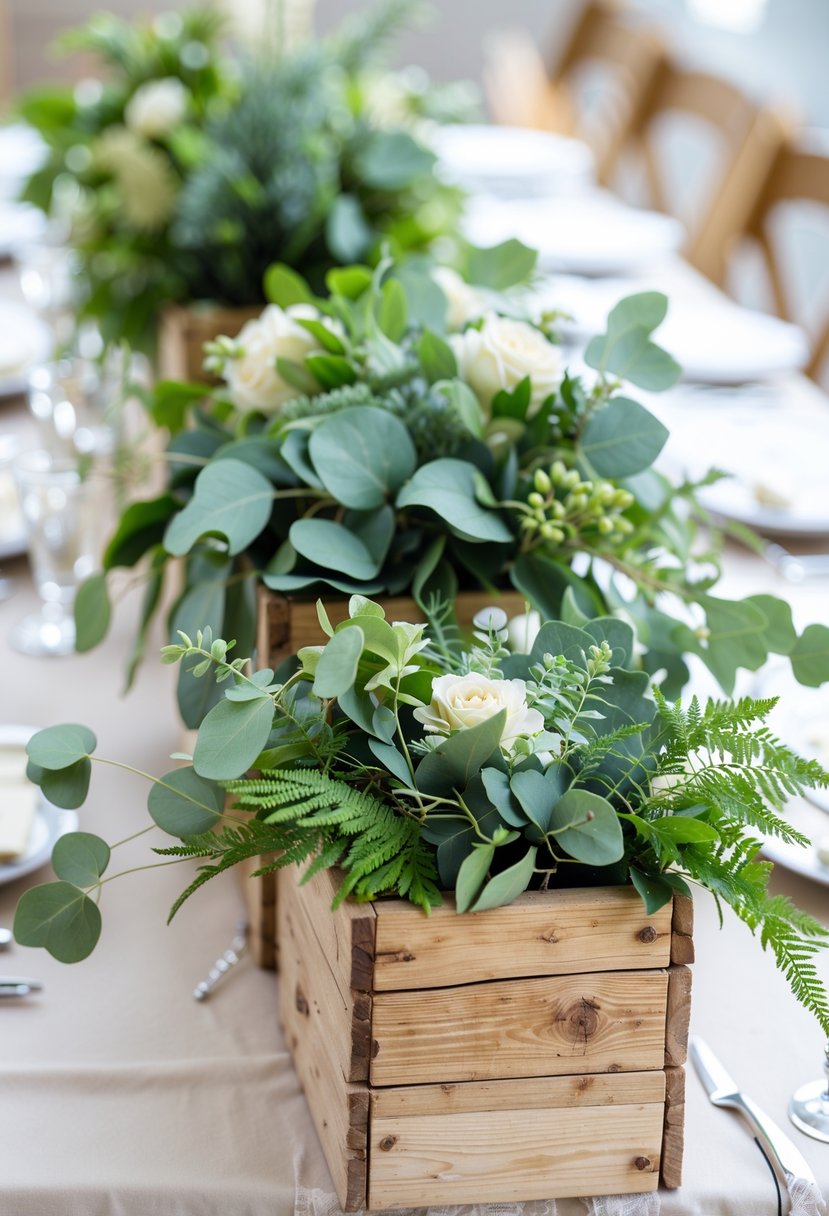 Rustic wooden boxes filled with various green leafy plants arranged as wedding centerpieces on a table.