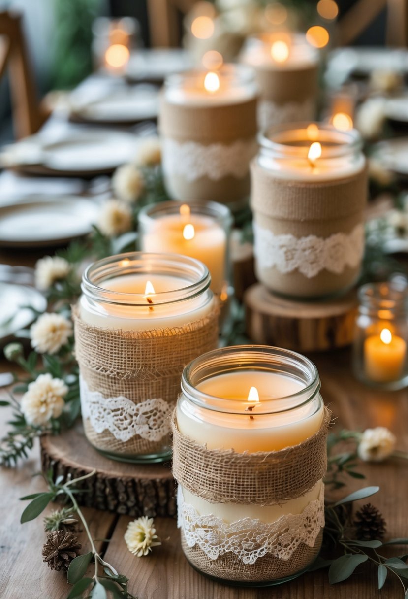 A group of candle jars wrapped in burlap and lace with lit candles inside, arranged on a wooden table with dried flowers and greenery.