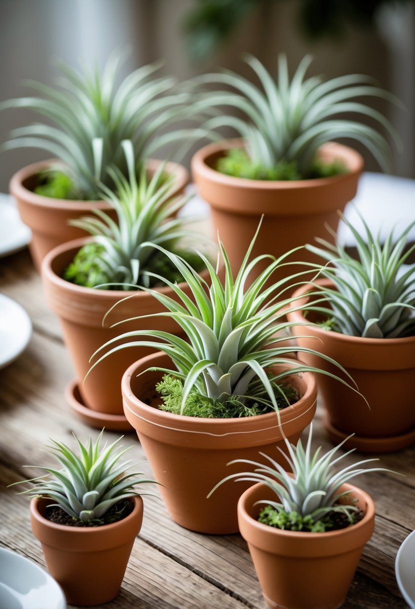 Terracotta pots with green air plants arranged on a wooden table as wedding centerpieces.