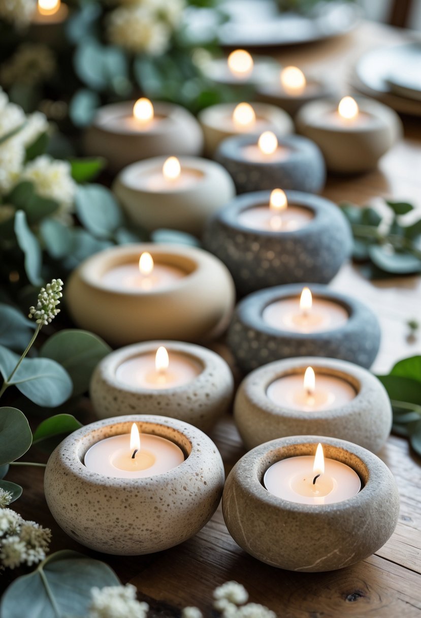 A collection of natural stone tea light holders with lit candles arranged on a wooden table surrounded by greenery and small white flowers.
