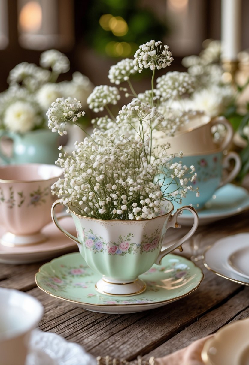 A collection of mismatched vintage teacups filled with white baby's breath flowers arranged on a wooden table.
