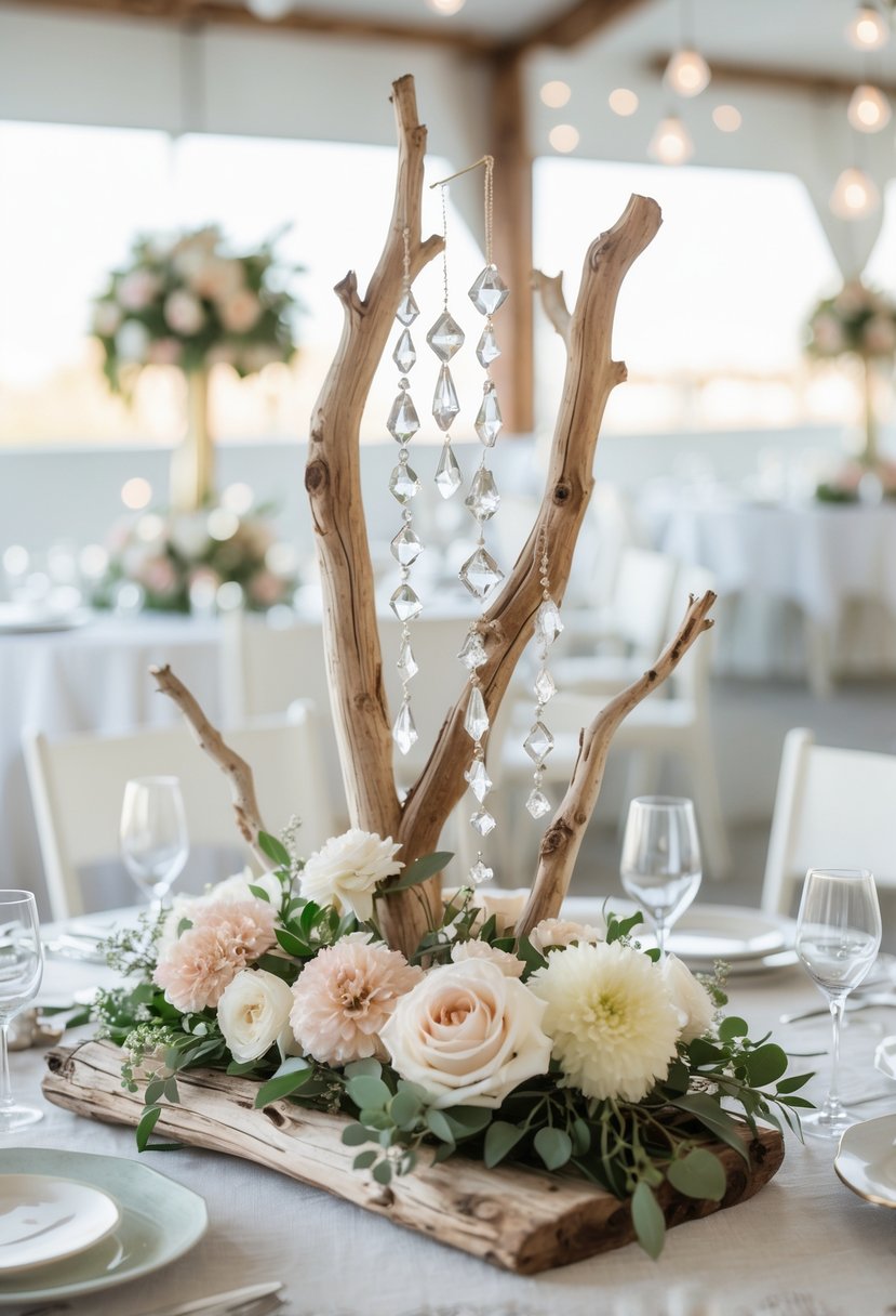 A wedding table centerpiece with driftwood and hanging crystals surrounded by flowers on a white linen-covered table.