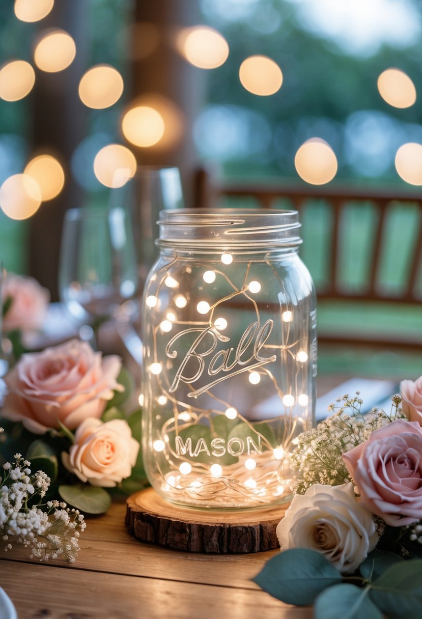 A Mason jar filled with glowing fairy lights surrounded by pastel flowers on a wooden table.