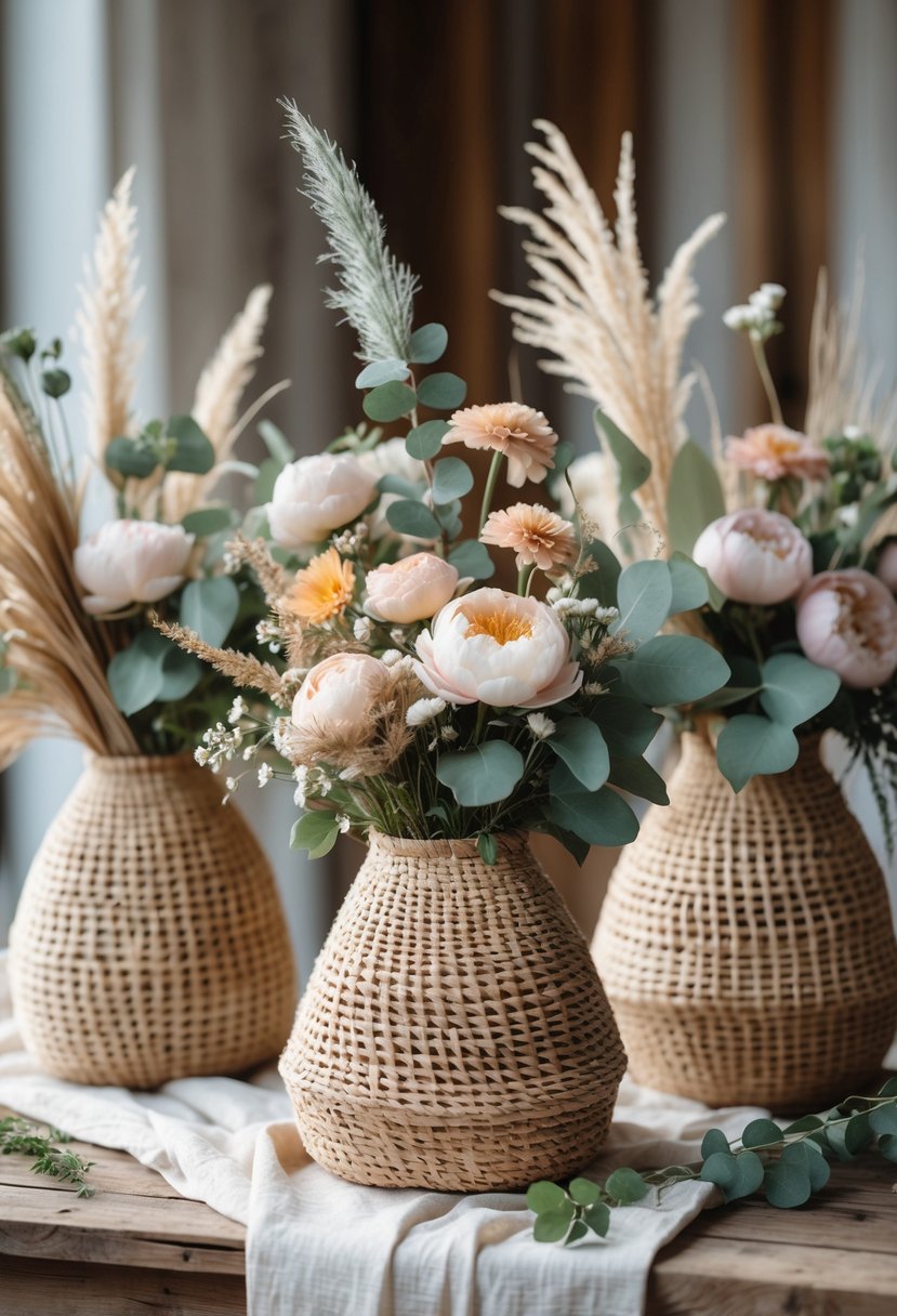 A collection of woven baskets filled with seasonal flowers arranged on a wooden table as wedding centerpieces.