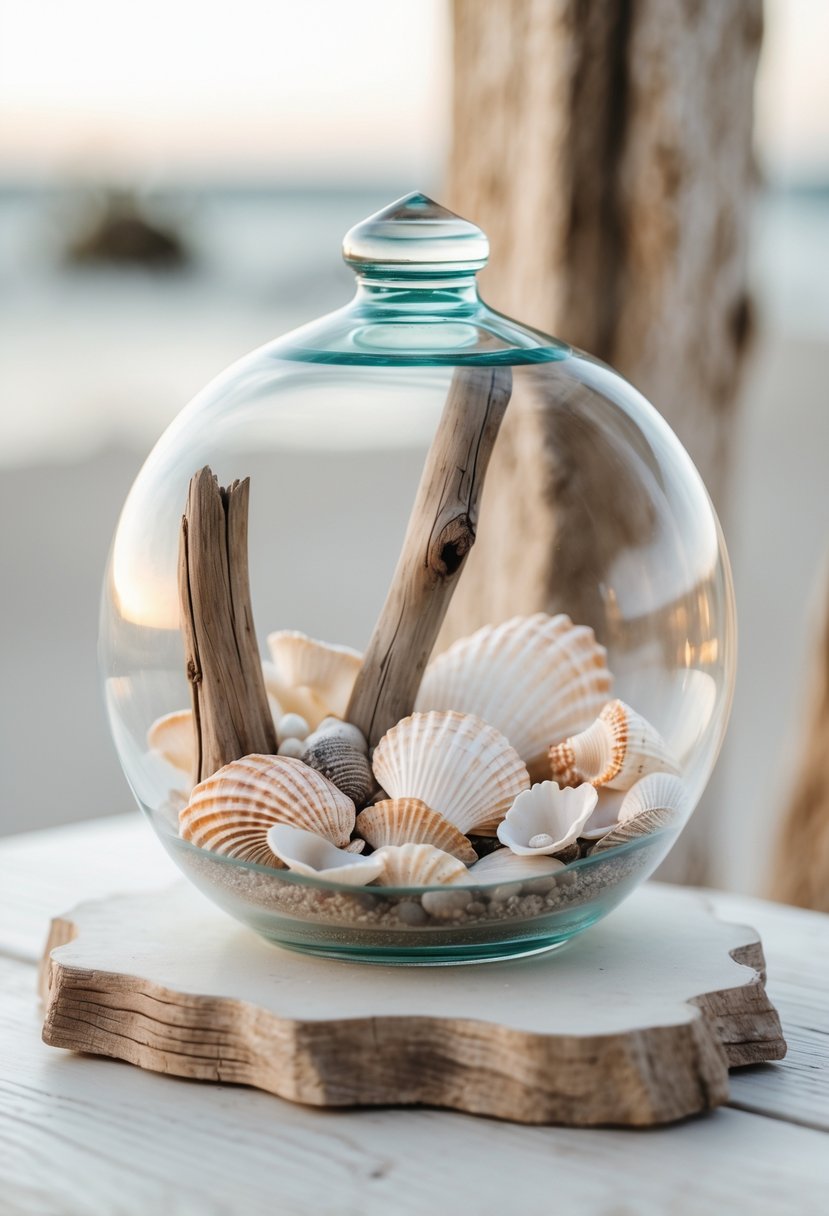 A glass terrarium filled with seashells and driftwood placed on a table as a wedding centerpiece.