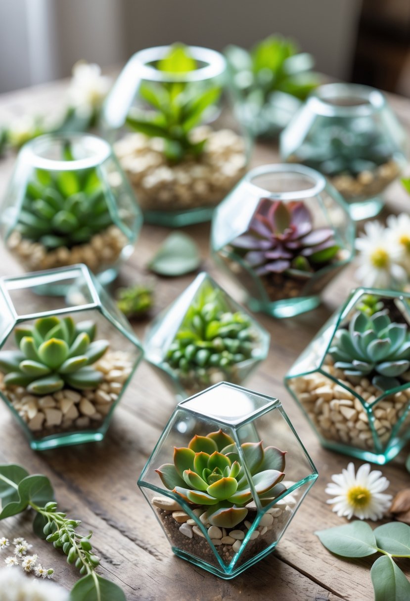Several small glass terrariums containing green succulent plants arranged on a wooden table with decorative flowers and leaves.