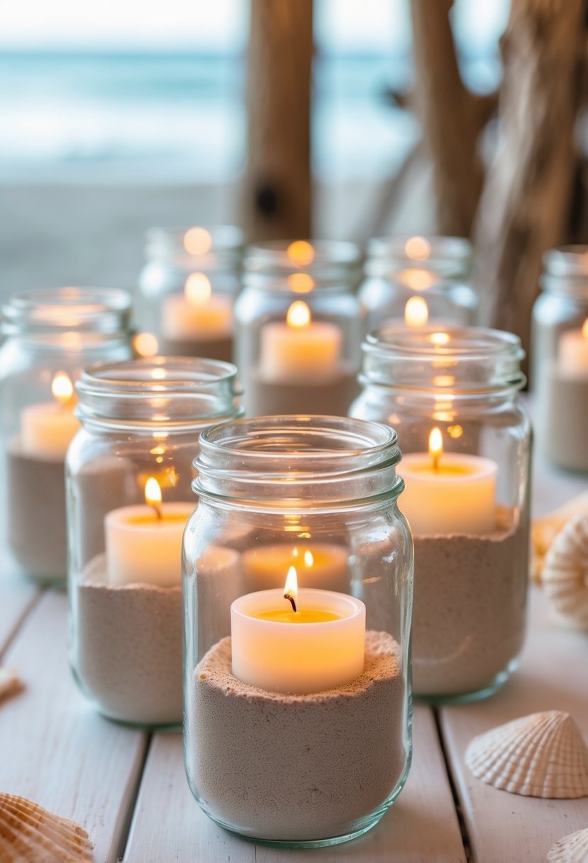 Glass jars filled with sand and lit tealight candles arranged as a wedding centerpiece on a table with beach elements in the background.