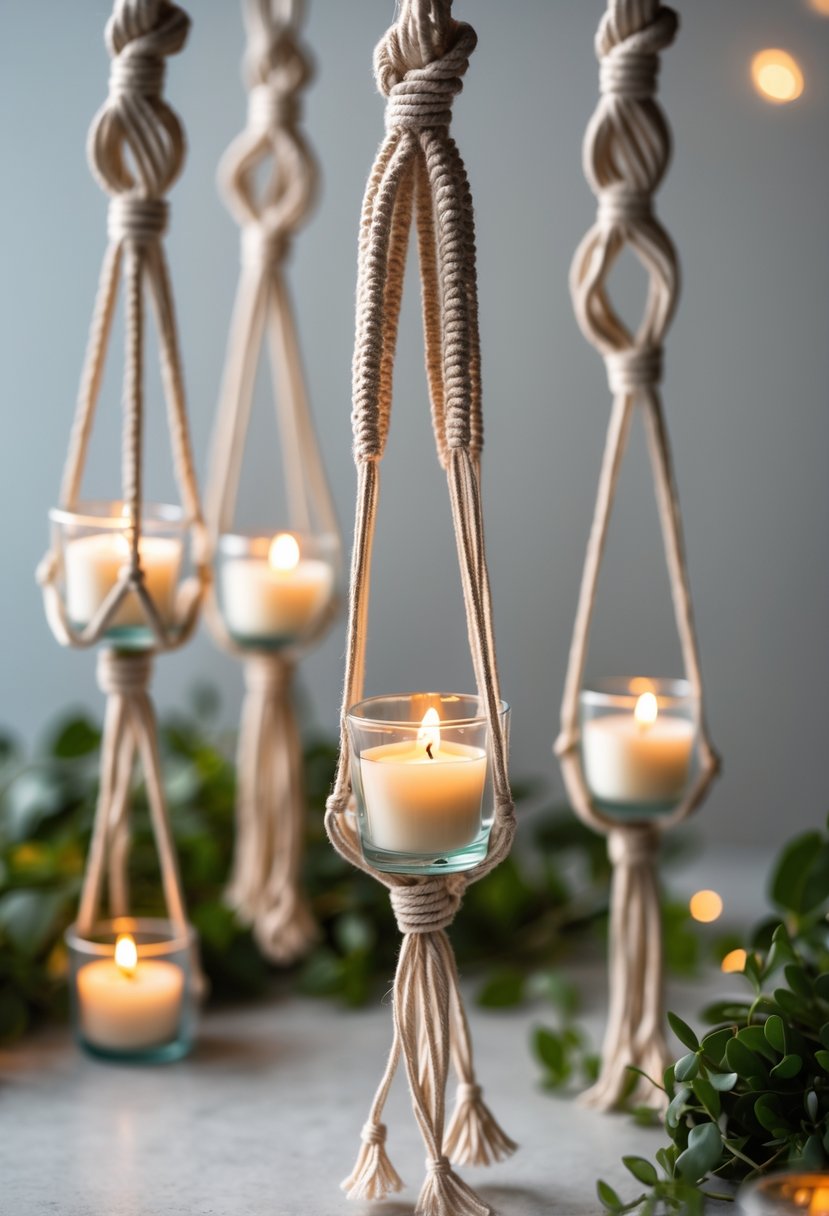 Mini macrame plant hangers holding lit votive candles arranged as wedding centerpieces.