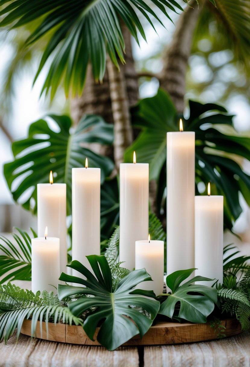 White pillar candles surrounded by tropical green leaves arranged as a wedding centerpiece on a wooden surface.