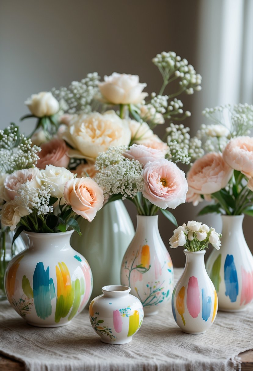 A group of hand-painted ceramic vases filled with pastel flowers arranged on a wooden table as wedding centerpieces.