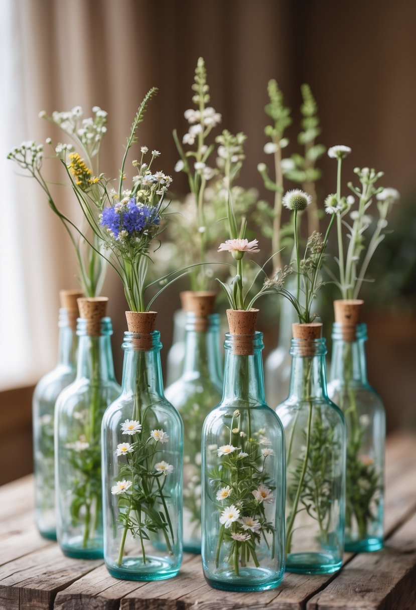 Several corked glass bottles holding wildflower stems arranged on a wooden surface.