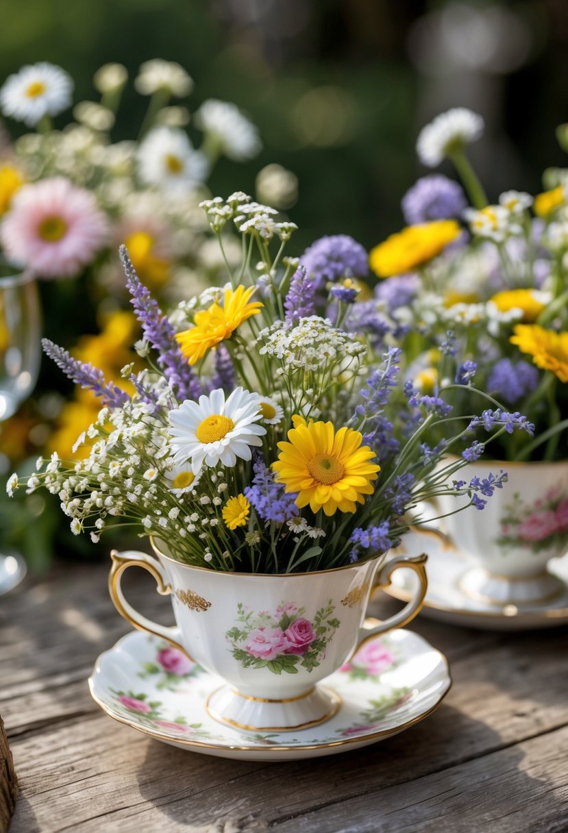 Vintage teacups filled with wildflowers arranged on a wooden table as wedding centerpieces.