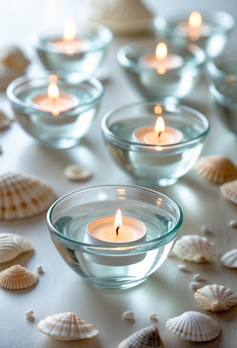Several small glass bowls with floating lit tea light candles arranged on a wooden surface with seashells and pebbles.