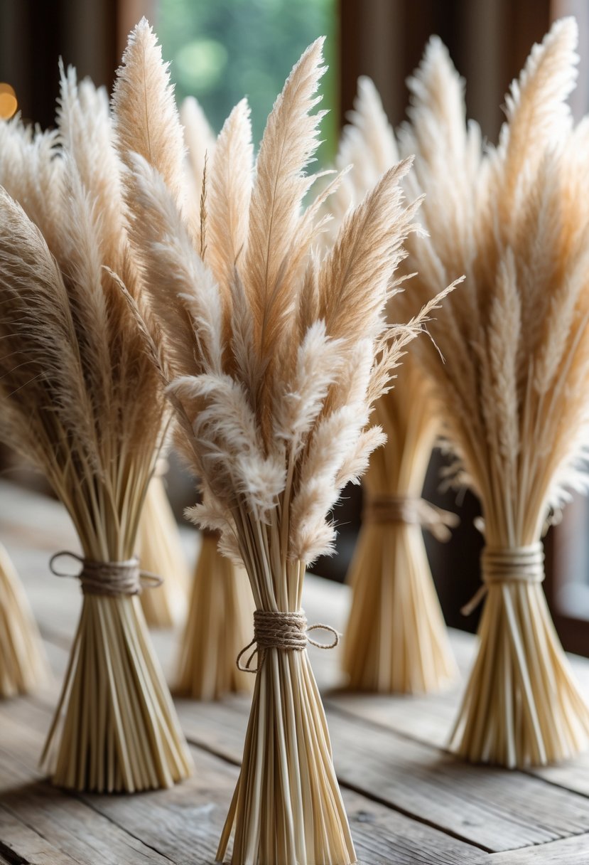 Hand-tied bundles of pampas grass wrapped with twine arranged on a wooden surface.