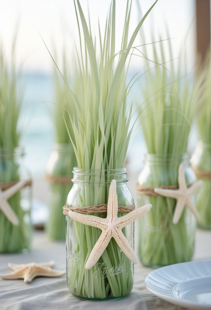 Mason jars filled with beachgrass and decorated with starfish arranged as wedding centerpieces on a wooden table.