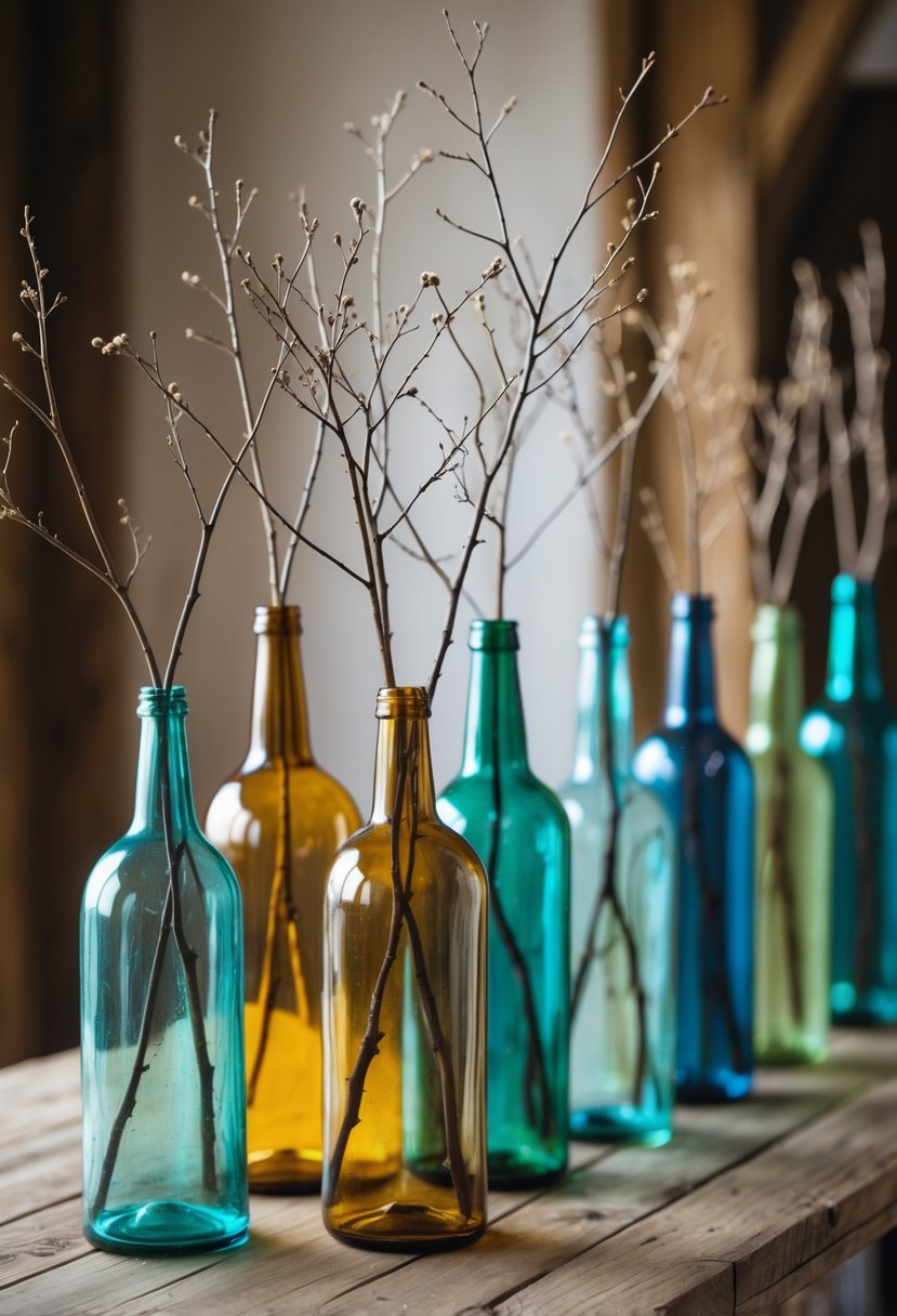A wedding centerpiece with colored glass bottles holding bare branches arranged on a wooden table.